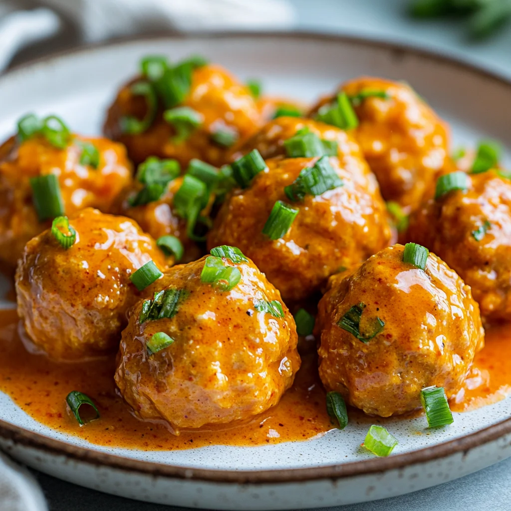 Crockpot buffalo chicken meatballs on a white plate garnished with green onions and drizzled with sauce