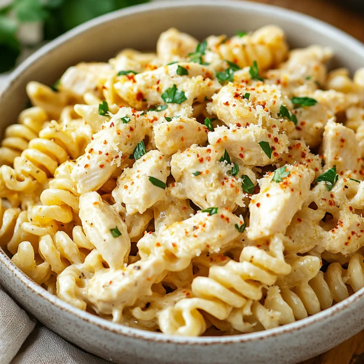 Crockpot Caesar Chicken Pasta served in a rustic bowl, topped with parsley and Parmesan cheese