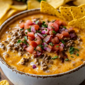 Bowl of Crockpot Cheeseburger Dip garnished with bacon and tomatoes served with tortilla chips on a wooden table