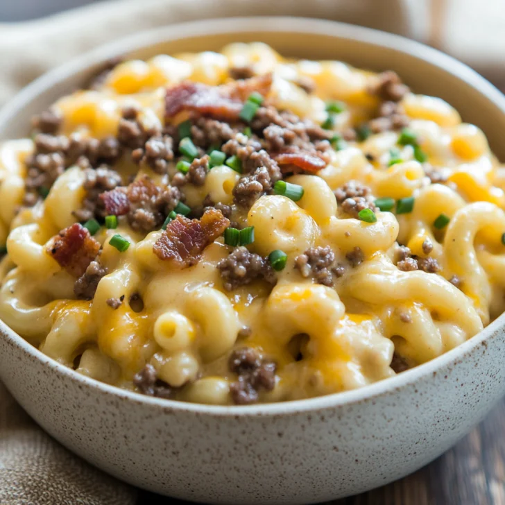 Creamy Crockpot Cheeseburger Macaroni in a white bowl topped with crispy bacon and chives on a wooden table