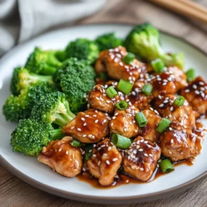 Crockpot Chicken and Broccoli served on a white plate with sesame seeds and green onions garnish