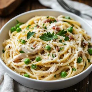 Bowl of Crockpot Chicken Carbonara topped with parmesan cheese and parsley, surrounded by steaming pasta and bacon