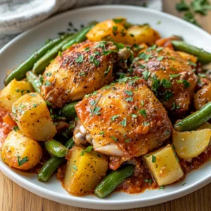 Crockpot Chicken Dinner with chicken thighs, potatoes, and green beans served on a white plate, garnished with parsley