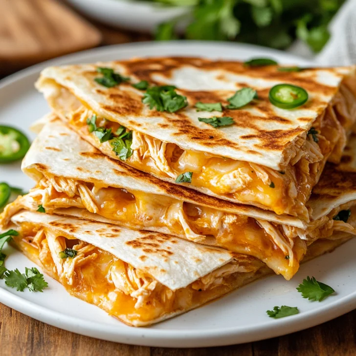 Delicious Crockpot Chicken Quesadillas on a white plate, garnished with cilantro and jalapeños, perfect for busy weeknights.