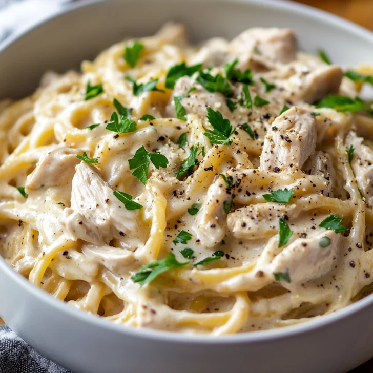 Bowl of Crockpot Chicken Tetrazzini topped with fresh parsley and black pepper on a light wooden table