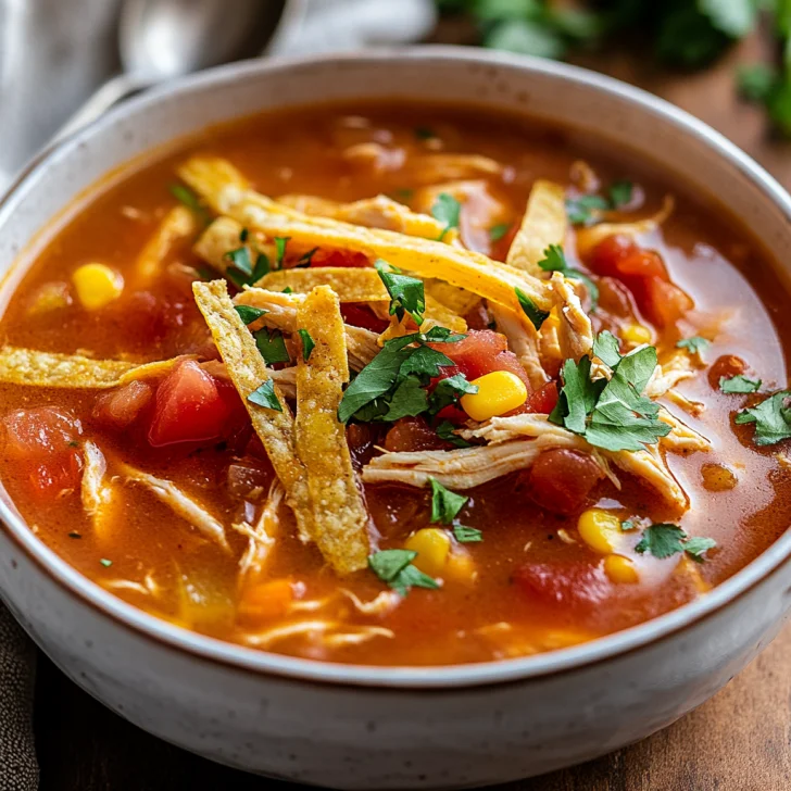 Bowl of Crockpot Chicken Tomato Soup topped with crispy tortilla strips and fresh cilantro on a light surface
