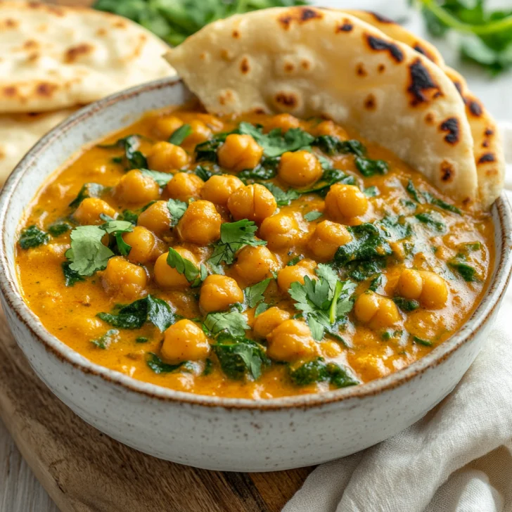 Crockpot Chickpea Curry in a rustic bowl, garnished with cilantro and served with naan on a wooden board
