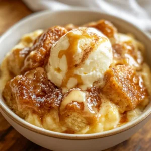 Warm Crockpot Cinnamon Roll Pudding in a bowl topped with melting vanilla ice cream and caramel drizzle