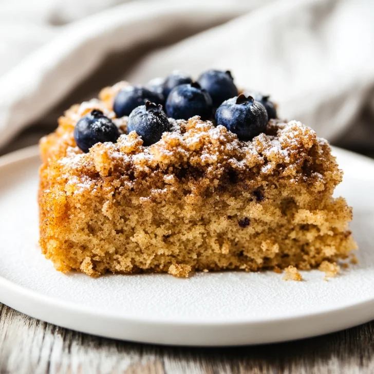 Crockpot Coffee Cake on a white plate, topped with cinnamon streusel and fresh blueberries, with a warm, inviting feel.