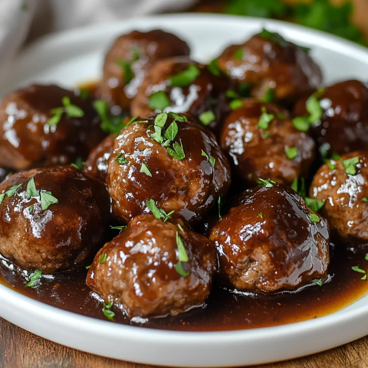 Crockpot Coq au Vin Meatballs on a white plate, topped with parsley and served in rich sauce, on a wooden table