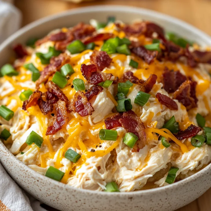Bowl of Crockpot Crack Chicken topped with melted cheese and green onions, served with crispy bacon bits