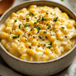 Bowl of Crockpot Creamed Corn garnished with fresh chives and black pepper, showcasing a creamy texture.