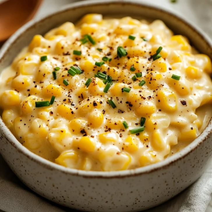 Bowl of Crockpot Creamed Corn garnished with fresh chives and black pepper, showcasing a creamy texture.