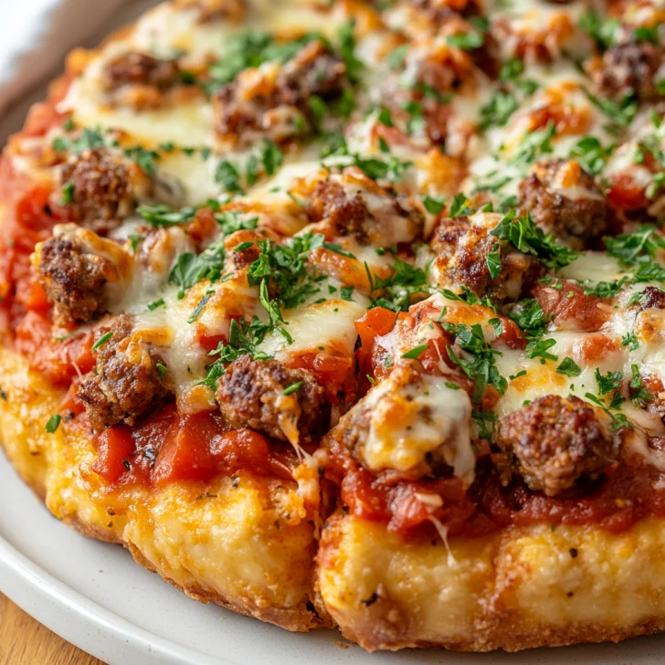 Crockpot Deep Dish Pizza on a white plate, topped with melted cheese, turkey sausage, parsley, and Parmesan