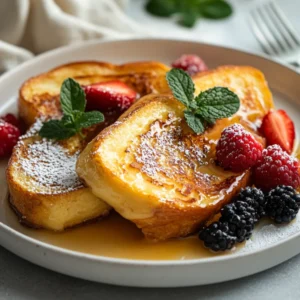 Crockpot French Toast on a white plate drizzled with maple syrup and topped with fresh berries and powdered sugar