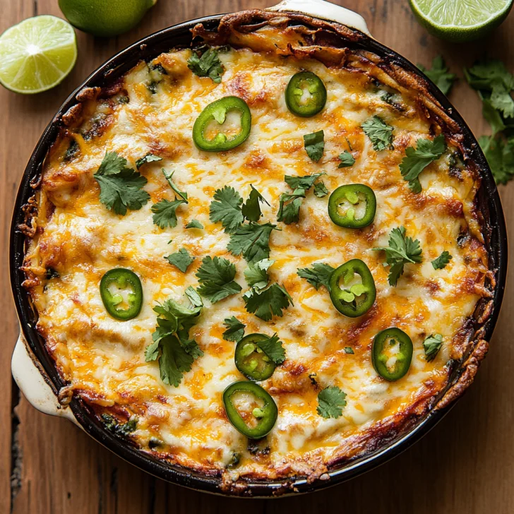 Crockpot Green Chile Chicken Enchilada Pie on a white plate, garnished with cilantro and lime wedges