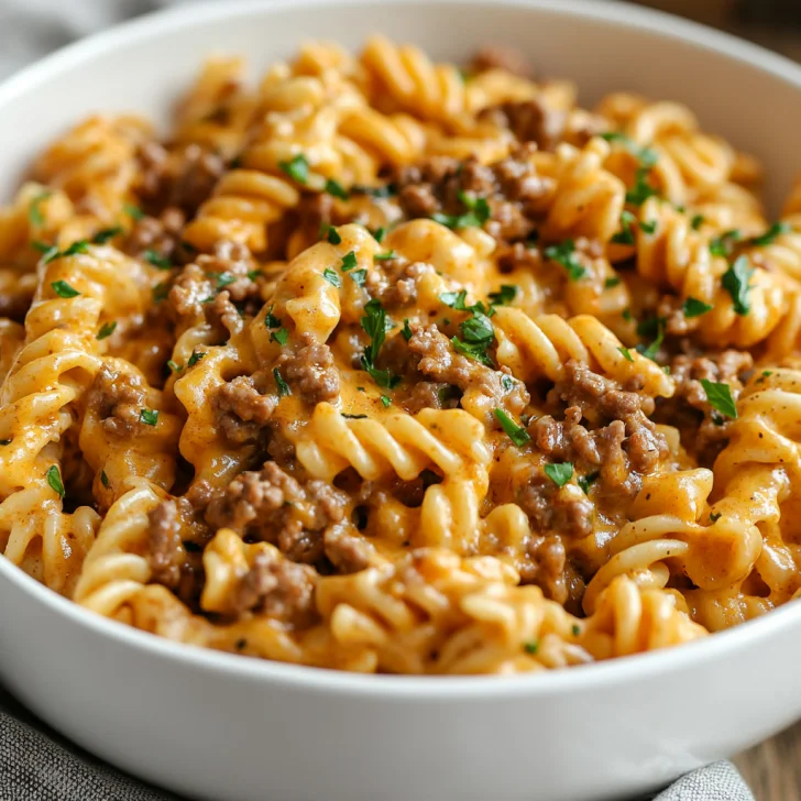 Bowl of Crockpot Hamburger Helper with cheesy pasta and ground beef garnished with fresh parsley