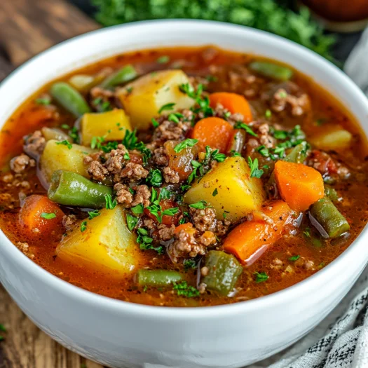 Bowl of Crockpot Hamburger Vegetable Soup garnished with parsley and black pepper on a wooden table