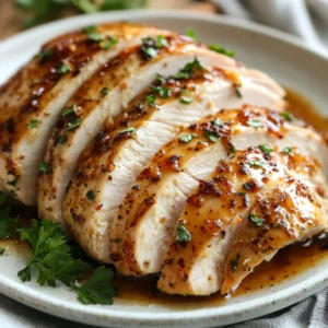 Crockpot Honey Maple Glazed Turkey Breast served on a white plate, garnished with parsley and drizzled with glaze