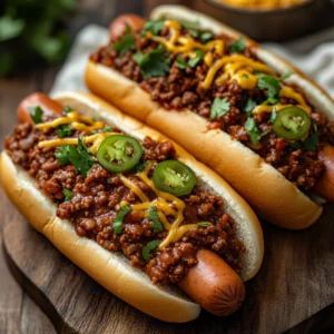 Bowl of Crockpot Hot Dog Chili Recipe topped with melted cheese and green onions, served with a rustic spoon