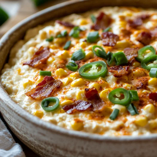Creamy Crockpot Jalapeño Popper Corn Dip in a rustic bowl, topped with crispy bacon and green onions