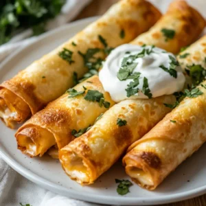 Crispy Crockpot Jalapeño Popper Taquitos on a white plate drizzled with sour cream and garnished with cilantro