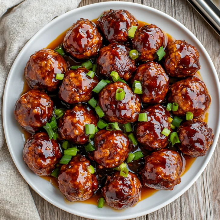 Crockpot Kung Pao Meatballs on a white plate garnished with green onions in a warm, inviting setting
