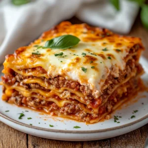 Crockpot Lasagna served in a white dish, topped with melted cheese and fresh basil on a wooden table