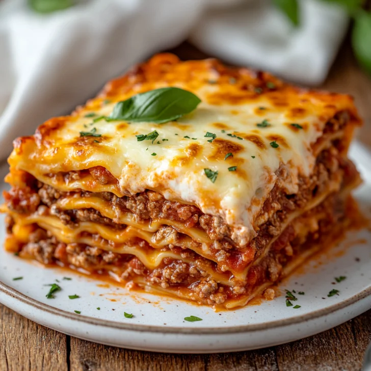 Crockpot Lasagna served in a white dish, topped with melted cheese and fresh basil on a wooden table