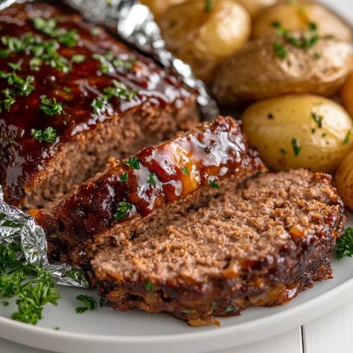 Sliced Crockpot Meatloaf and baked potatoes on a white plate, garnished with parsley, showcasing comforting home cooking
