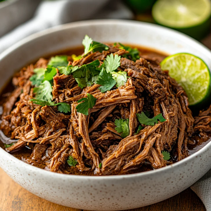 Crockpot Mexican Shredded Beef served in a rustic bowl, garnished with cilantro and lime on a light wooden table
