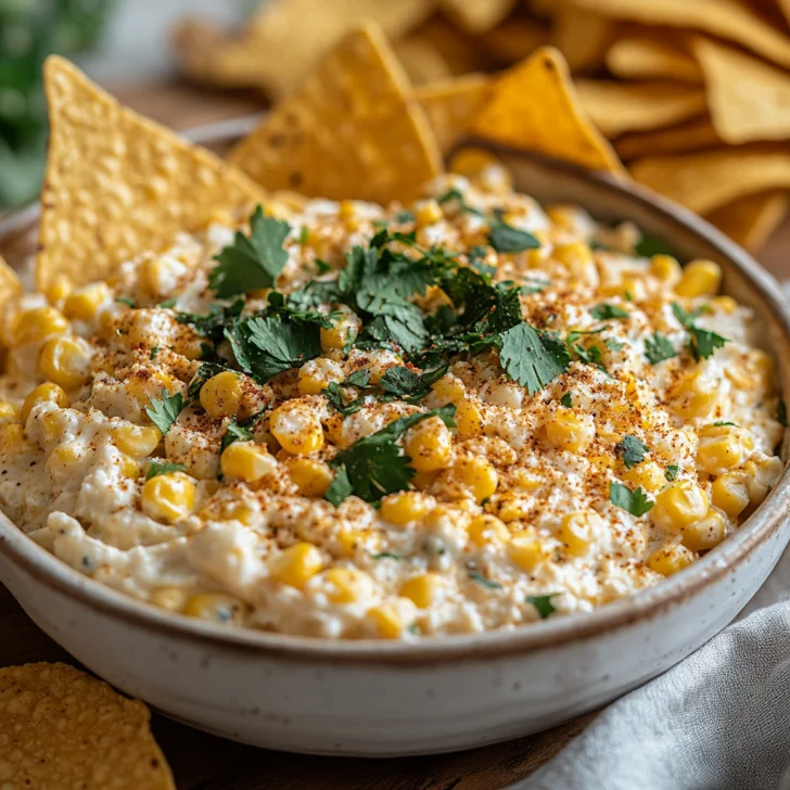 Crockpot Mexican Street Corn Dip in a white bowl topped with cotija cheese and cilantro, served with tortilla chips