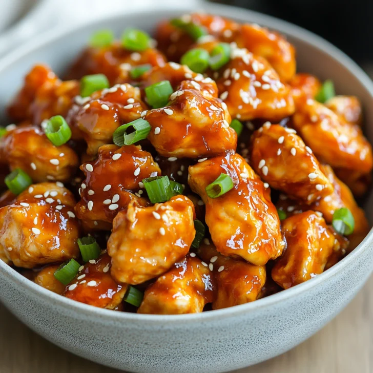 Bowl of Crockpot Orange Chicken garnished with green onions and sesame seeds on a light wooden table