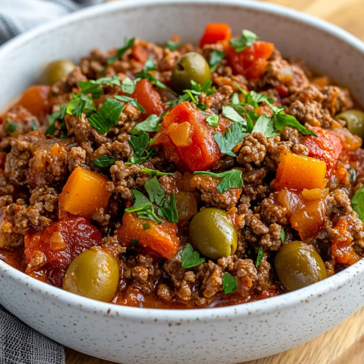 Crockpot Picadillo in a white bowl, garnished with cilantro and olives, served on a wooden table.