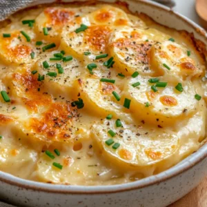Creamy Crockpot Potato Gratin in a white bowl, topped with chives and served with a wooden spoon