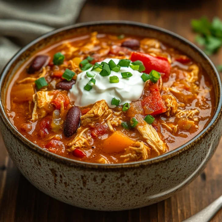 Bowl of Crockpot Pumpkin Chicken Chili garnished with sour cream and green onions on a wooden table