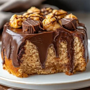 Close-up of Crockpot Reese's cake on a white plate, topped with Reese's cups and warm peanut butter drizzle.