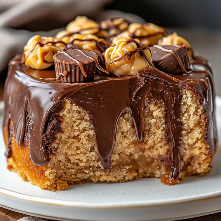 Close-up of Crockpot Reese's cake on a white plate, topped with Reese's cups and warm peanut butter drizzle.
