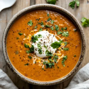 Bowl of Crockpot Refried Bean Soup topped with sour cream, shredded cheese, and cilantro on a wooden table
