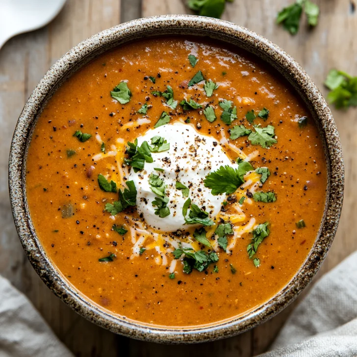 Bowl of Crockpot Refried Bean Soup topped with sour cream, shredded cheese, and cilantro on a wooden table