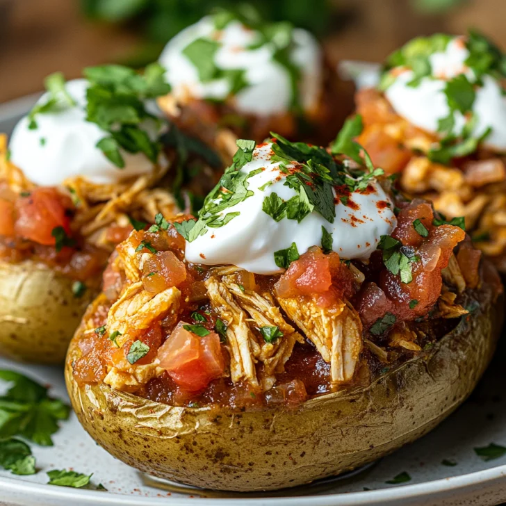 Crockpot Salsa Chicken Stuffed Potatoes topped with sour cream and cilantro on a white plate