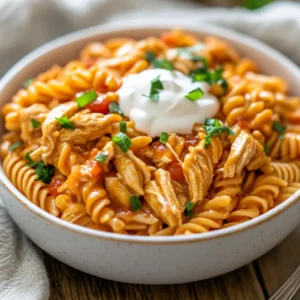 Bowl of Crockpot Salsa Ranch Chicken Pasta topped with sour cream and green onions, showcasing creamy sauce and rotini