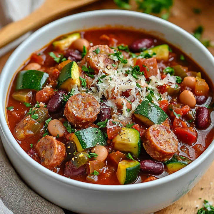Bowl of Crockpot Sausage Stew garnished with Parmesan cheese on a rustic wooden table