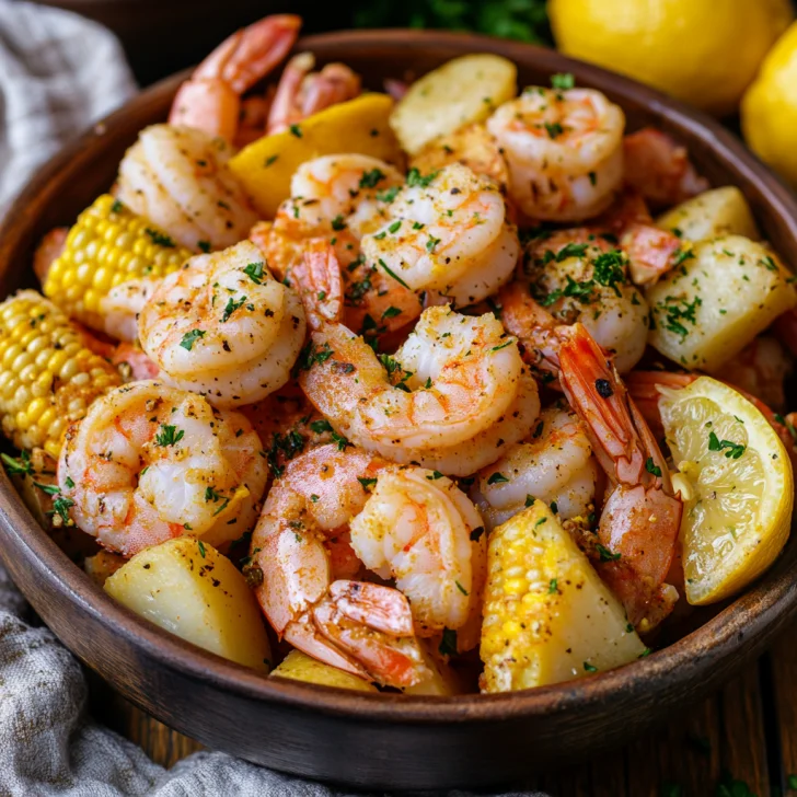 Crockpot Shrimp Boil in a rustic bowl with shrimp, potatoes, corn, garnished with parsley and lemon wedges