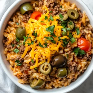 Bowl of Crockpot Spanish Rice topped with shredded cheese and olives, served in a bright, inviting setting