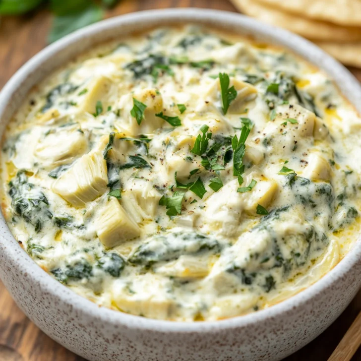 Crockpot Spinach Artichoke Dip in a rustic bowl topped with parsley, set on a light wooden table