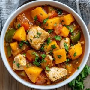 Bowl of Crockpot Squash and Chicken Stew garnished with parsley, showing tender chicken and butternut squash