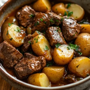 Crockpot Steak and Potatoes in a rustic bowl garnished with parsley on a wooden table