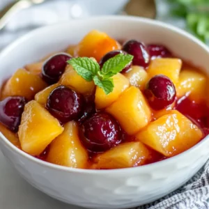 Bowl of Crockpot Summer Fruit Compote with pineapple, peaches, and cherries, garnished with mint leaves