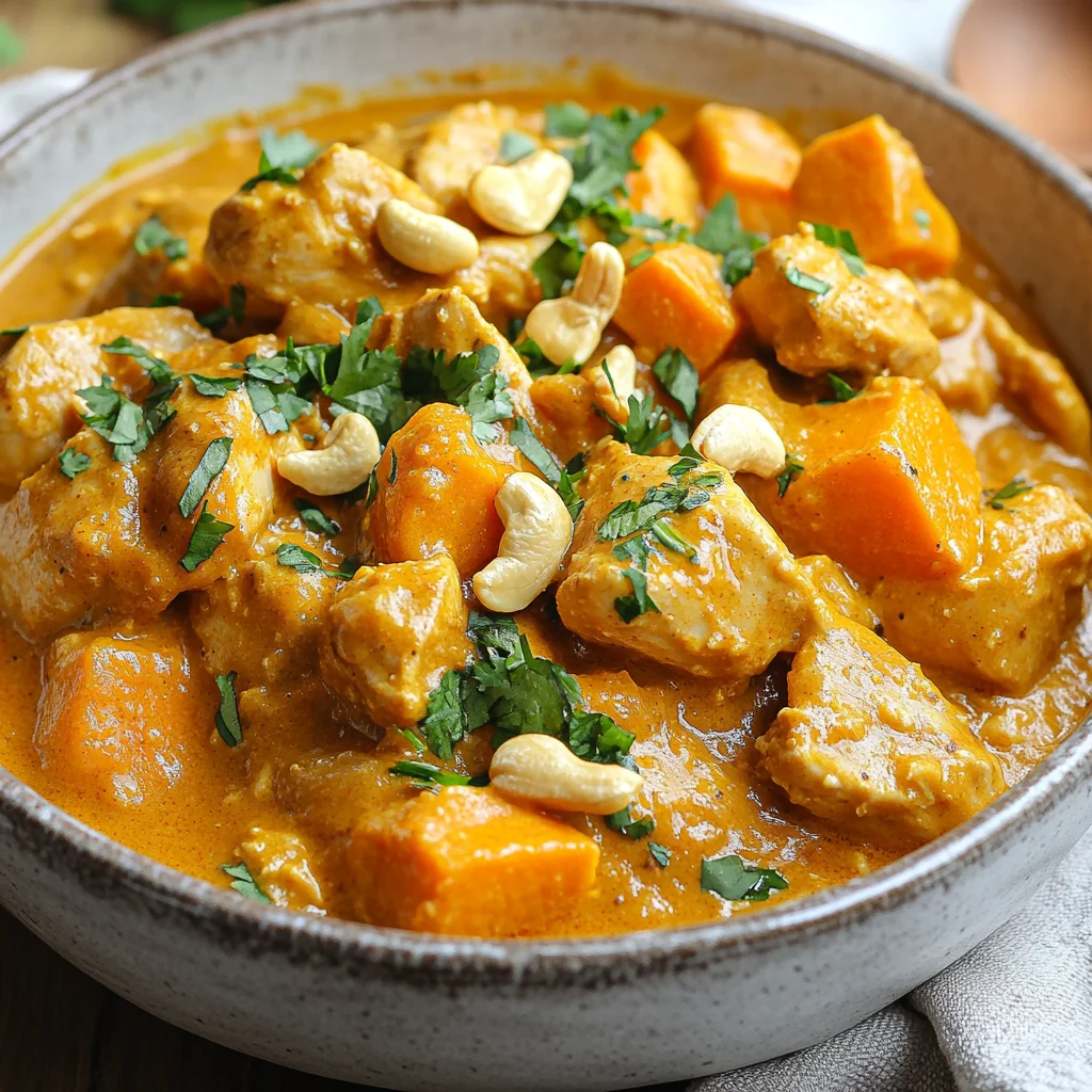 Crockpot Sweet Potato Chicken Curry - Easy & Healthy Recipe Bowl of Crockpot Sweet Potato Chicken Curry garnished with cilantro and cashews, showcasing vibrant colors and creamy texture